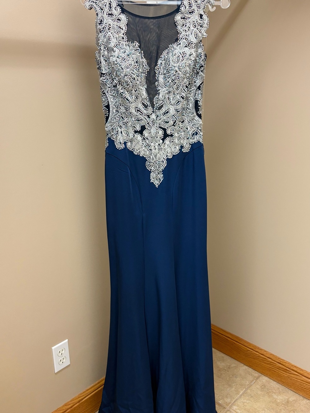 Elegant Navy Prom Dress with Silver Beaded Bodice